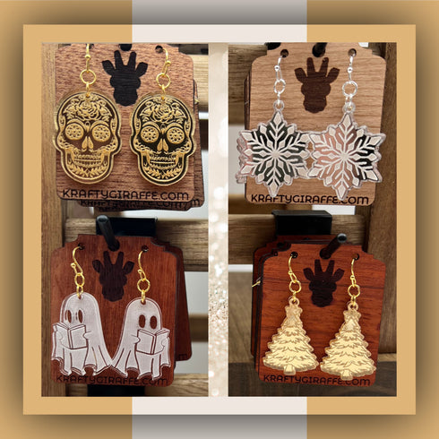 Laser Engraved Acrylic Dangle Earrings - Fall, Halloween, & Christmas Designs
